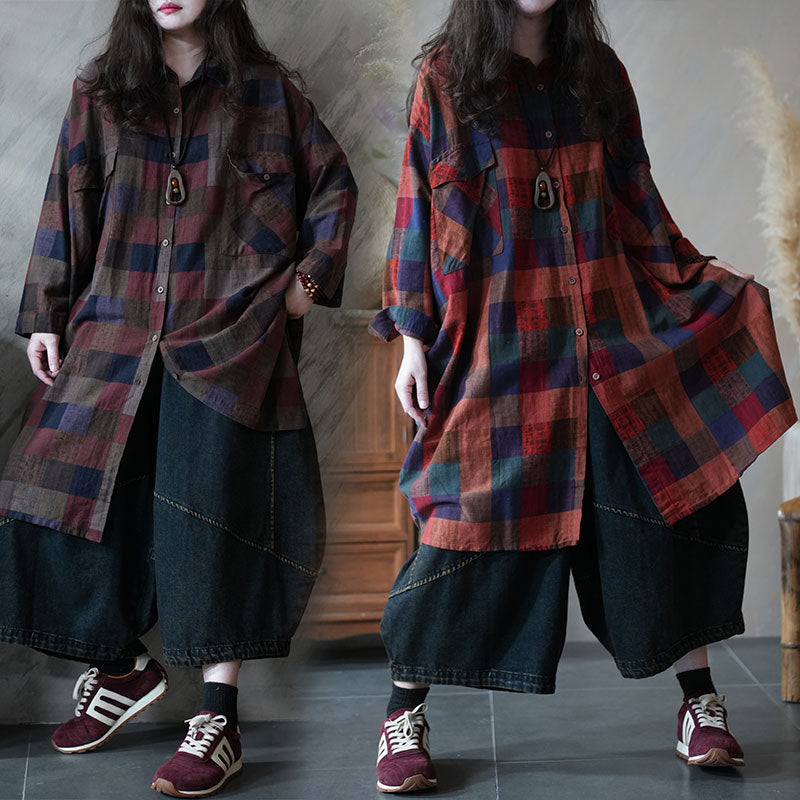 新作 ナチュラル レトロ チェック柄 ロングシャツ – Jojormaru