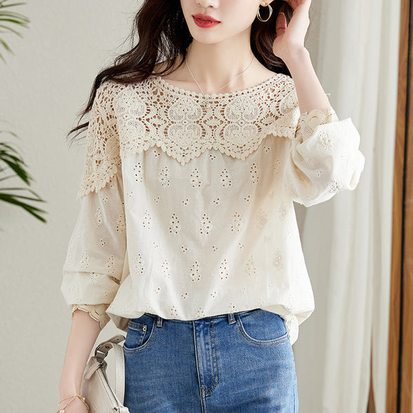 【M～2XL】韓国ファッション　こなれ感　透かし彫り　フレア裾デザイン　長袖　シャツ