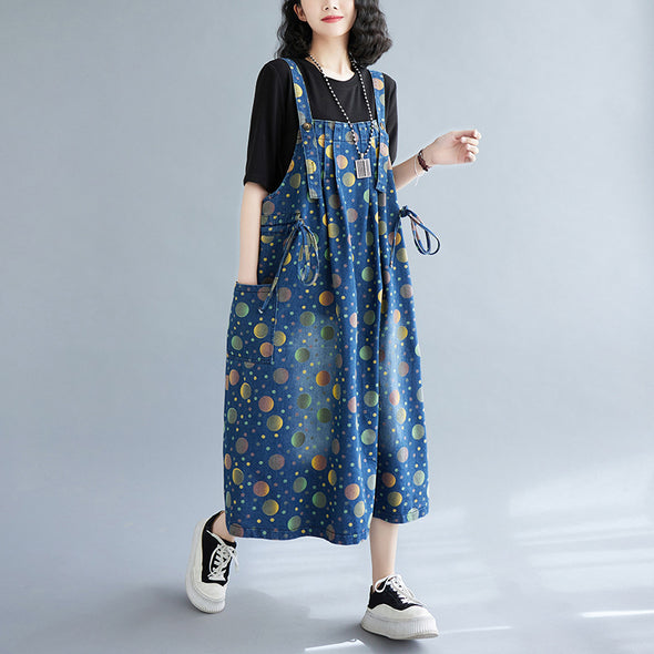 【M~2XL】韓国ファッション　ドット柄　デニムジャンパースカート