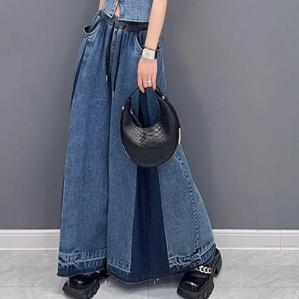 韓国ファッション　個性派　フレアスカート風　デニムパンツ