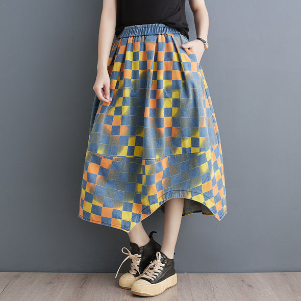 新作　韓国ファッション　かわいいAライン　デニムスカート　ボタニカル　チェック柄　スカート
