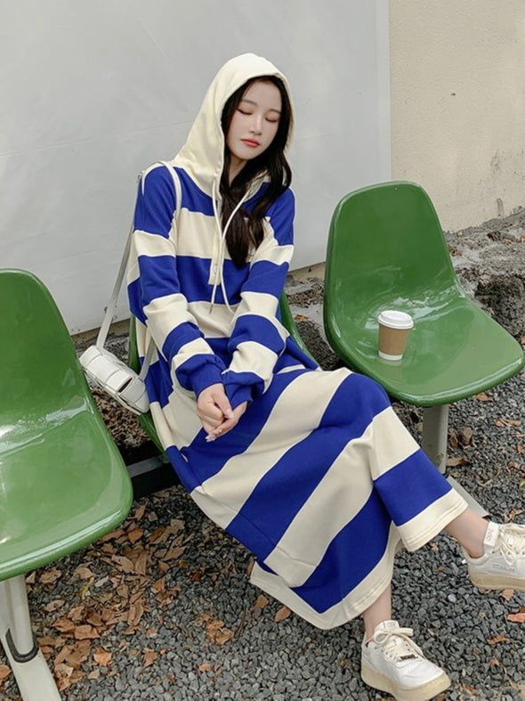 韓国ファッション　ストライプ　パーカー風ワンピース