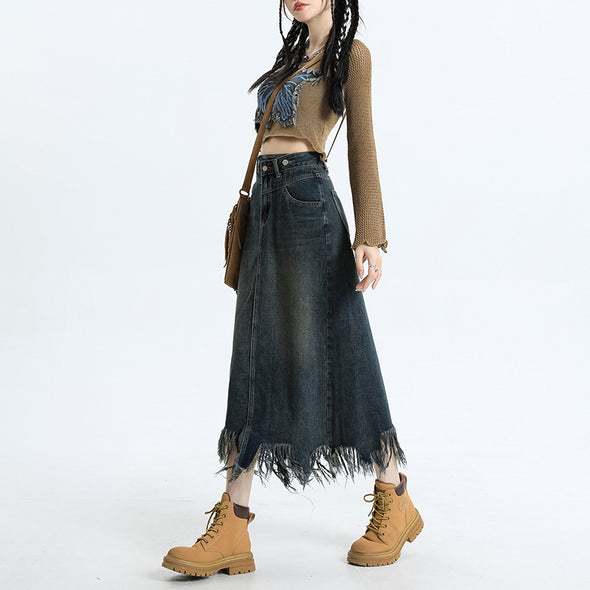 【XS~2XL】韓国ファッション　Aライン　ハイウエスト　フリンジデザイン　デニムスカート