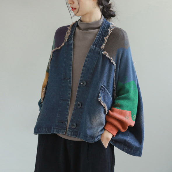 韓国ファッション　デニムジャケット　切替配色　デニムアウター