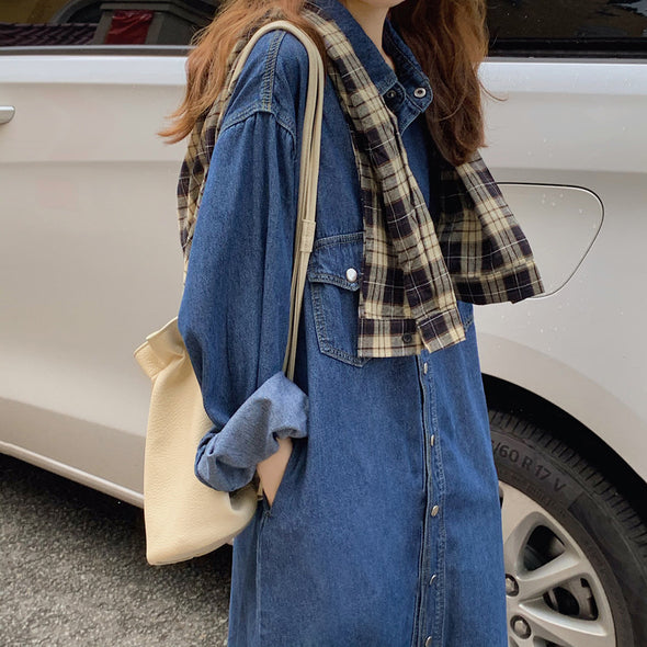 韓国ファッション　シンプルカジュアル　デニムワンピース