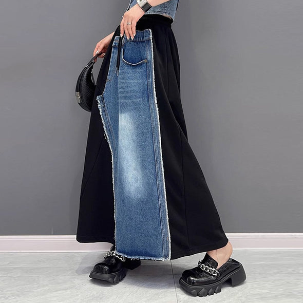 韓国ファッション　切替　Aライン　デニム風合い　スカート