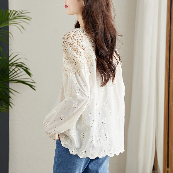 【M～2XL】韓国ファッション　こなれ感　透かし彫り　フレア裾デザイン　長袖　シャツ