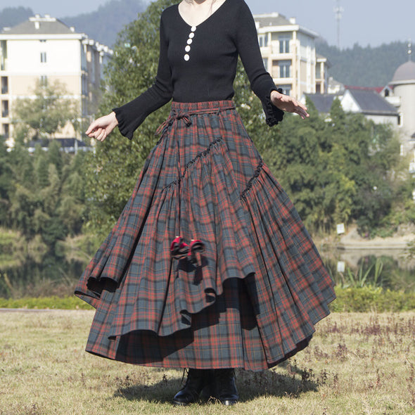 韓国ファッション　チェック柄　ボリューム感　Aライン　スカート