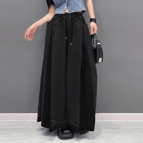 韓国ファッション　個性派　フレアスカート風　デニムパンツ