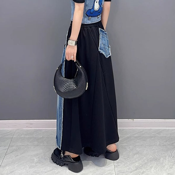 韓国ファッション　切替　Aライン　デニム風合い　スカート