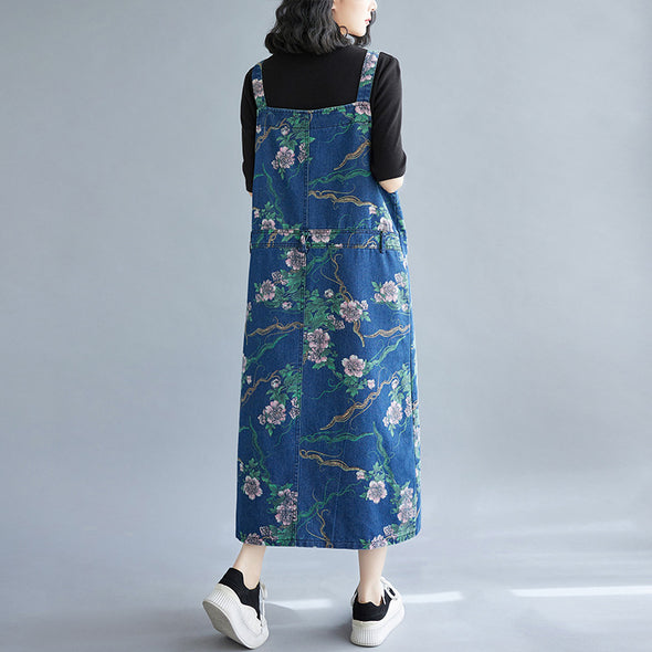 【M~2XL】エスニック風　ボタニカル　デニムジャンパースカート　