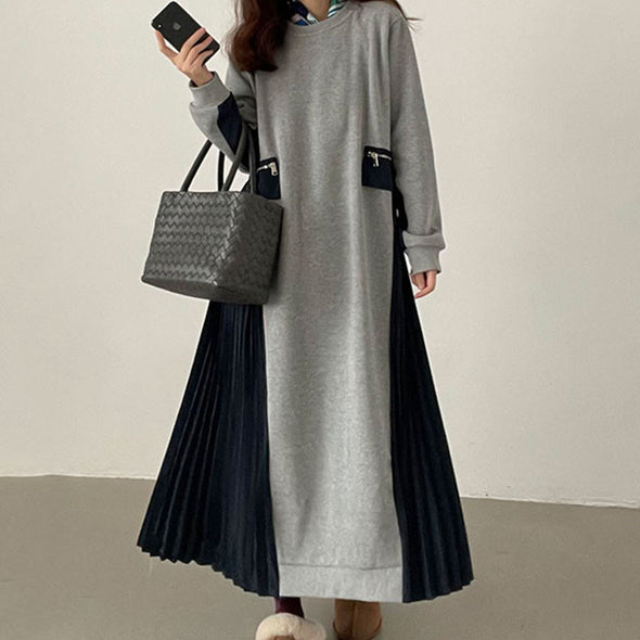人気　韓国ファッション　サイドプリーツデザイン　　Aライン　パーカーワンピース