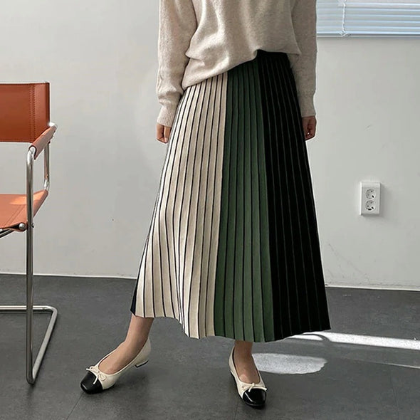 韓国ファッション　ストライプ　Aライン　プリーツスカート