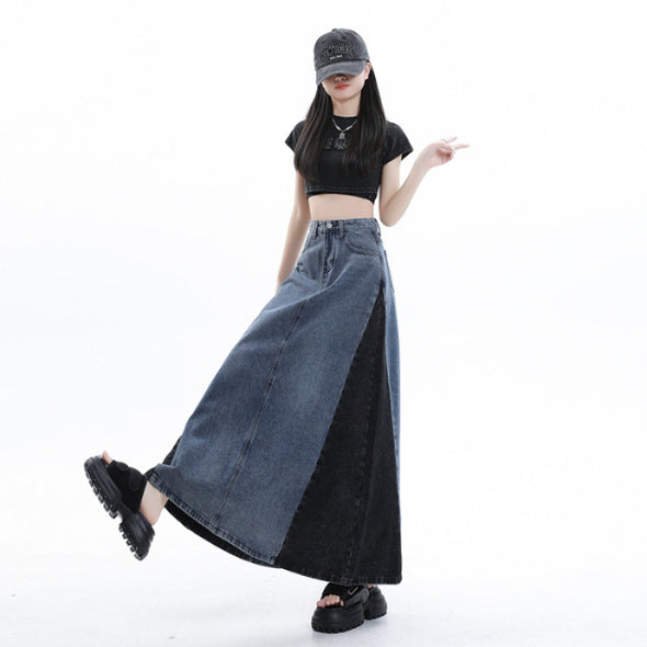 【XS~2XL】韓国ファッション　切替　ロング　Aライン　デニムスカート