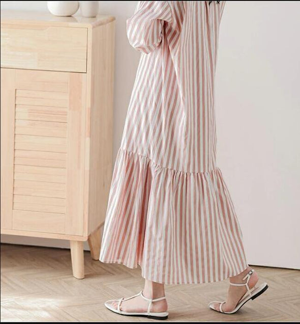 0韓国ファッション　縞々　フレアデザイン　ロングシャツワンピース