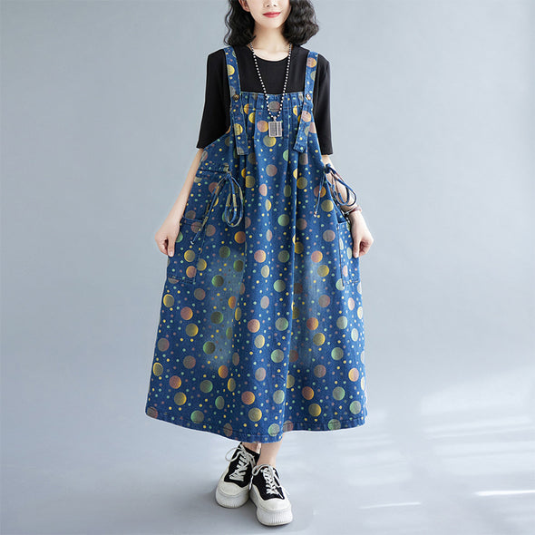 【M~2XL】韓国ファッション　ドット柄　デニムジャンパースカート