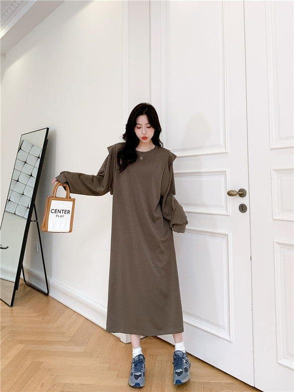 韓国ファッション　体型カバー　秋冬　ロングワンピース