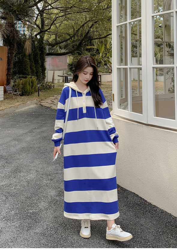 韓国ファッション　ストライプ　パーカー風ワンピース