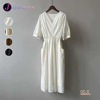 【M.L】オンオフ兼用　Vネック　ウエストゴムイン　パフスリーブ　Ａラインワンピース