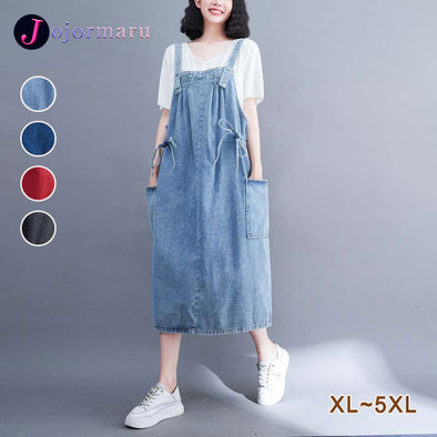 【XL~5XL】大人かわいい　フロントポケット　リボンデザイン　デニムジャンパースカート