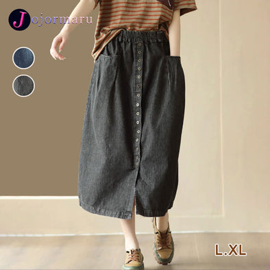 【L.XL】大人カジュアル　フロントボタン　Ａライン　デニムスカート