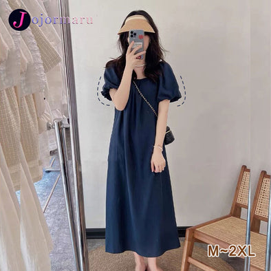 【M~2XL】韓国Chik　タック入り　パフスリーブ　ゆるシルエット　無地　ロングワンピース