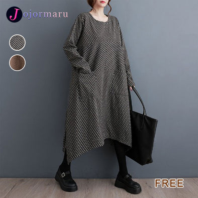 カジュアル　アシメ裾　フロントポケット付き　春秋　ロングワンピース