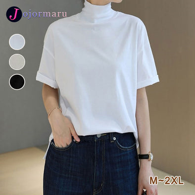【M~2XL】シンプルカジュアル　無地　ハイネック　半袖　Tシャツ