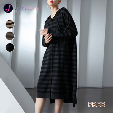 大人カジュアル　フード付き　ストライプ柄　ニットロングワンピース