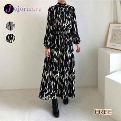 カジュアル　ウエストゴムイン　パフスリーブ　Aライン　ロングワンピース