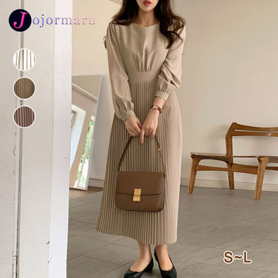 【S~L】大人ファッション　プリーツワンピース　Aライン　バックリボン　ロングワンピース