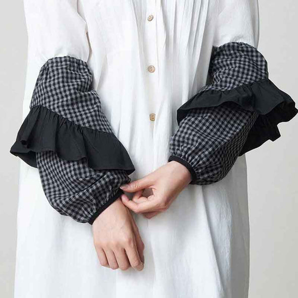 アームカバー　袖カバー　かわいい　チェック柄　フリルデザイン　おしゃれコーデ　花屋　カフェ