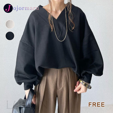 シンプル　ゆるシルエットvネック　ランタンスリーブ　レディースTシャツ