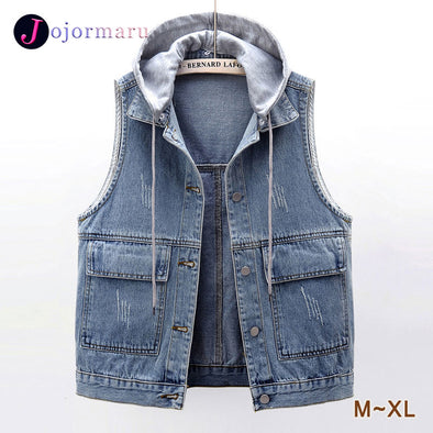 【M~XL】フード付き　デニムベストジャケット