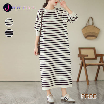 大人カジュアル　ストライプ　秋冬　ロングワンピース