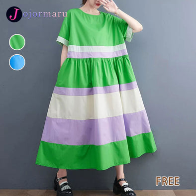 カジュアル　切り替え配色　Aライン　かわいい　ロング　夏ワンピース