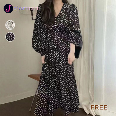 大人かわいい　花柄　vネック　ランタンスリーブ　シフォン　フレアワンピース