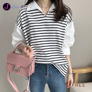 抜け感　切り替え　ストライプ柄　ゆるシルエット　レディースTシャツ