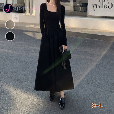 シンプル無地　スクエアネック　Aライン　細見せ　ロングワンピース