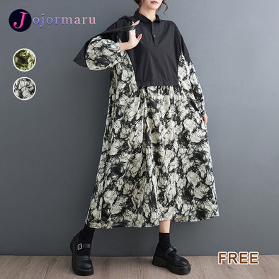 モード系　切替　秋コーデ　ロング丈　ワンピース