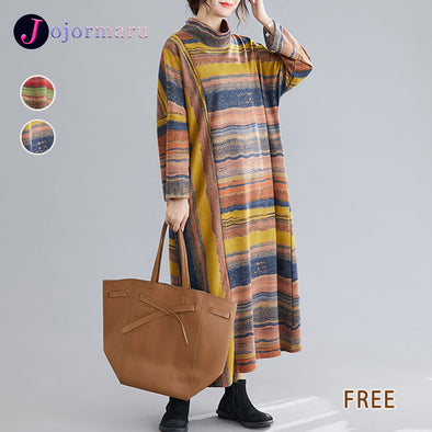 韓国ファッション　レトロ風　ストライプ柄　切替　ロングワンピース