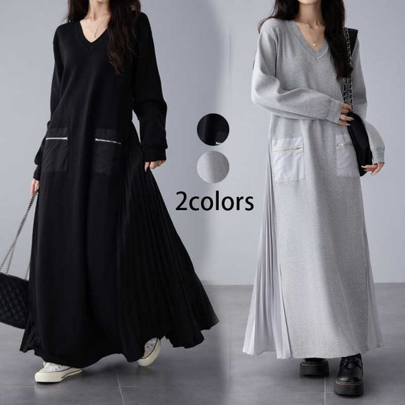 大人かわいい　サイドプリーツ　Ａライン　ロングワンピース　秋　冬　暖かい　ワンピース