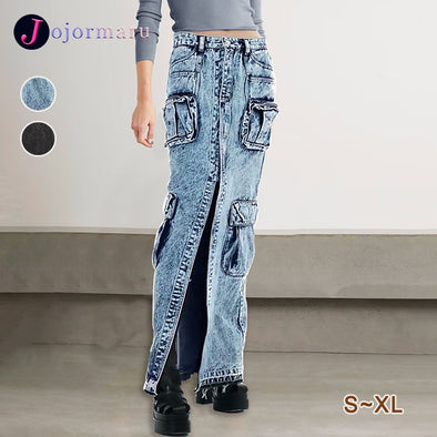 【S~XL】個性派　特徴のあるデザイン　フロントファスナー　おしゃれ　デニムロングスカート