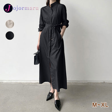 【M~XL】シンプルカジュアル　着痩せ効果　ウエストリボン　ロングシャツワンピース