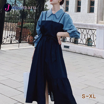 【S~XL】韓国ファッション　切替　Aライン　レイヤード風　ワンピース