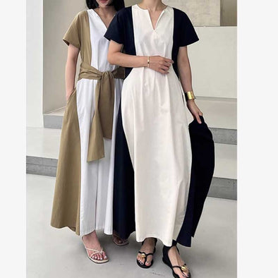 大人カジュアル　ウエストリボン　ロングワンピース