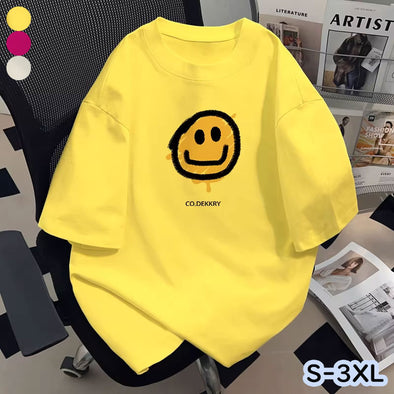 新発田中央 Tシャツ イエロー 新作 ユニセックス 定番 スマイルプリント ゆるシルエット 半袖Tシャツ