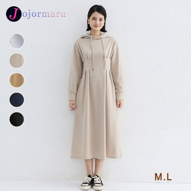 シンプルカジュアル系　無地　タック入り　フード付き　秋冬　ワンピース