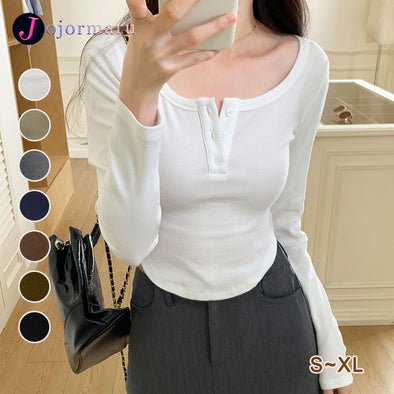 【S~XL】シンプルカジュアル　多色展開　無地　長袖　ニットTシャツ