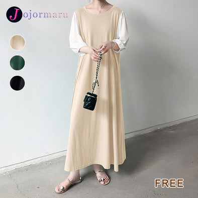 大人かわいい　切替　7分袖　ロング丈ワンピース